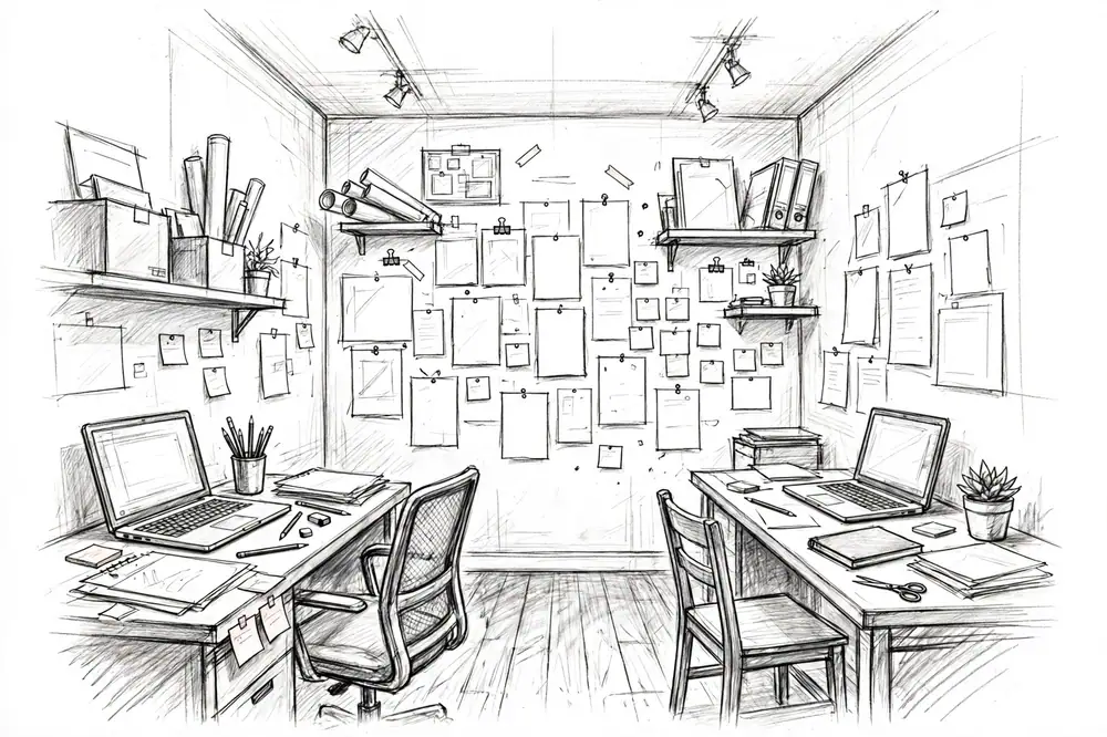 Pencil sketch of a small advertising studio with two desks, laptops and a wall of pinned campaign sheets, graphite.