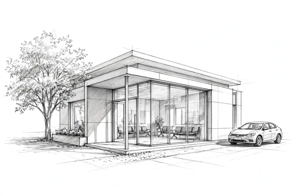 Pencil sketch of a modern clinic with a glass front and waiting chairs visible inside, graphite, drawn in three-quarter perspective.