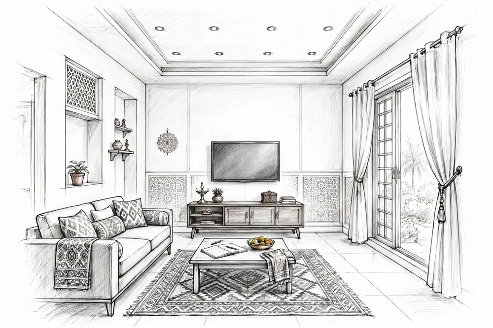 Pencil sketch of a living room interior with a sofa, TV unit, patterned panels and balcony doors, graphite.