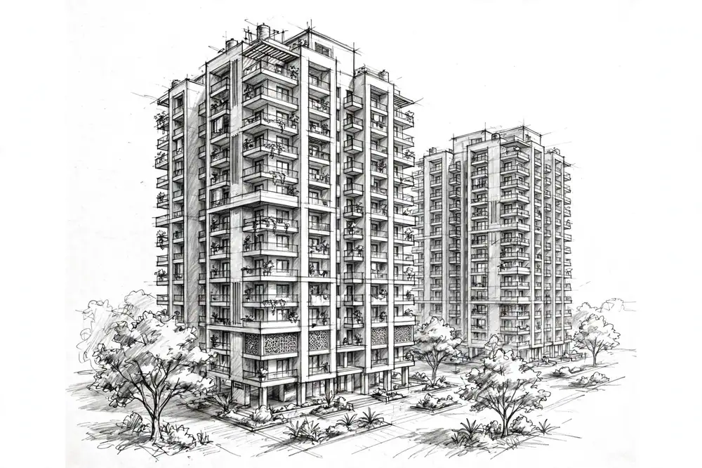 Pencil sketch of two Indian residential apartment towers with balconies and trees, graphite, drawn in three-quarter perspective.
