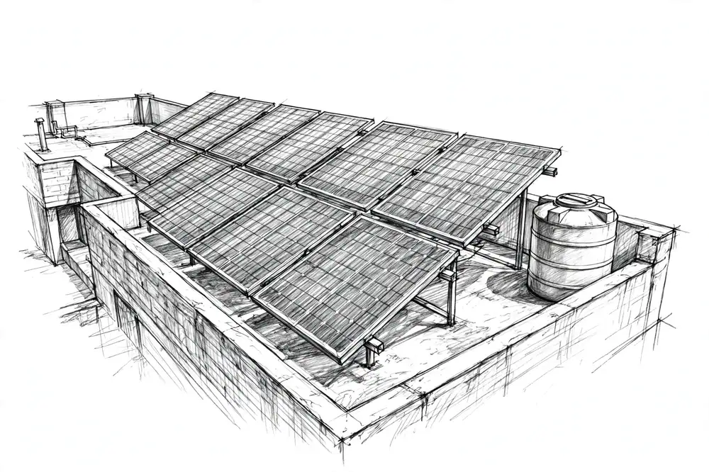 Pencil sketch of a rooftop solar panel array beside a water tank, graphite, drawn in three-quarter perspective.